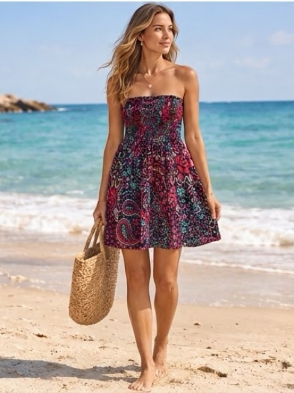 Vivante Barcelona Smocked Strapless Floral Print Mini Sundress OS